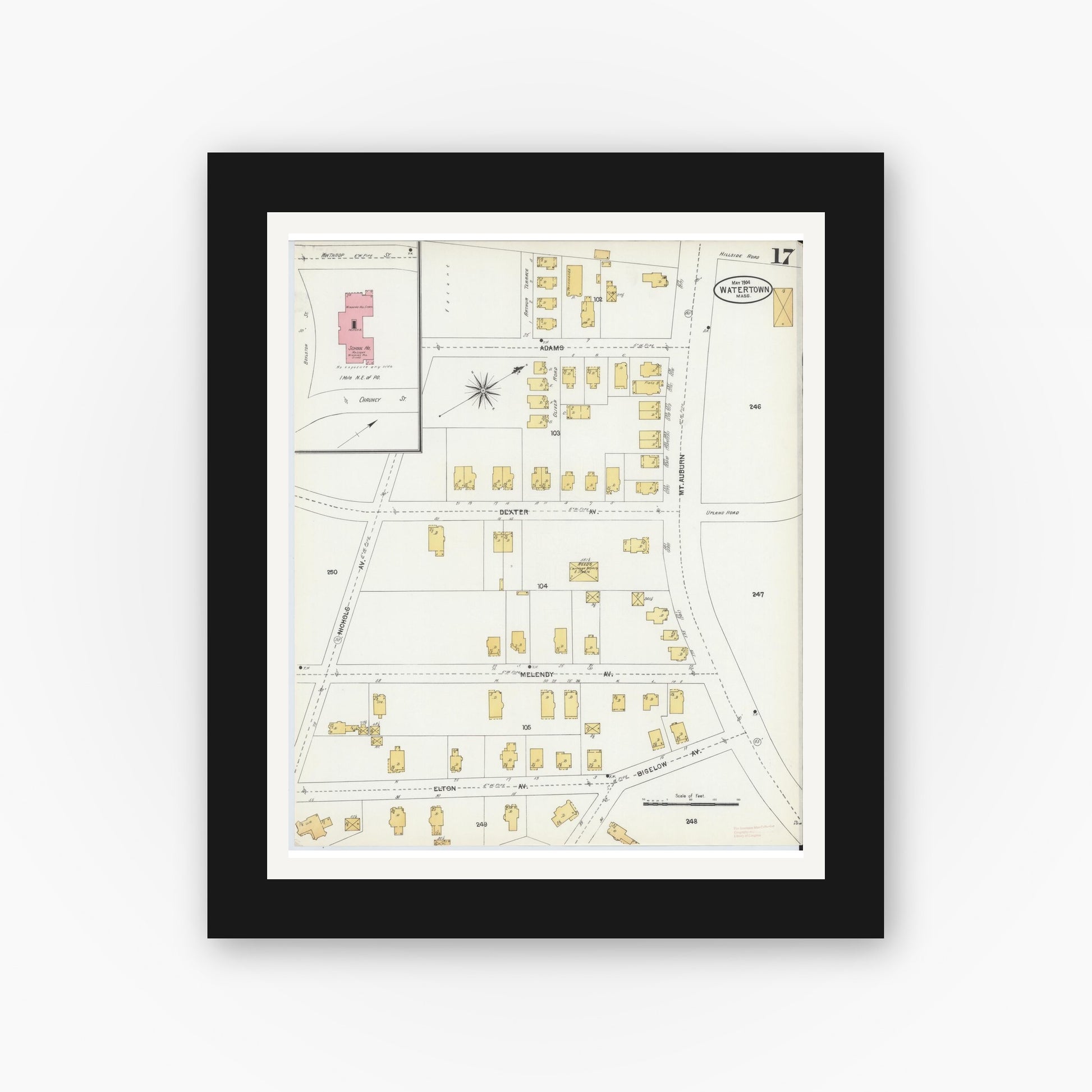 Old map wall art mockup — black gallery frame with white mat — Sanborn Fire Insurance Map from Watertown, Middlesex County, Massachusetts (1904), Sheet #0017
