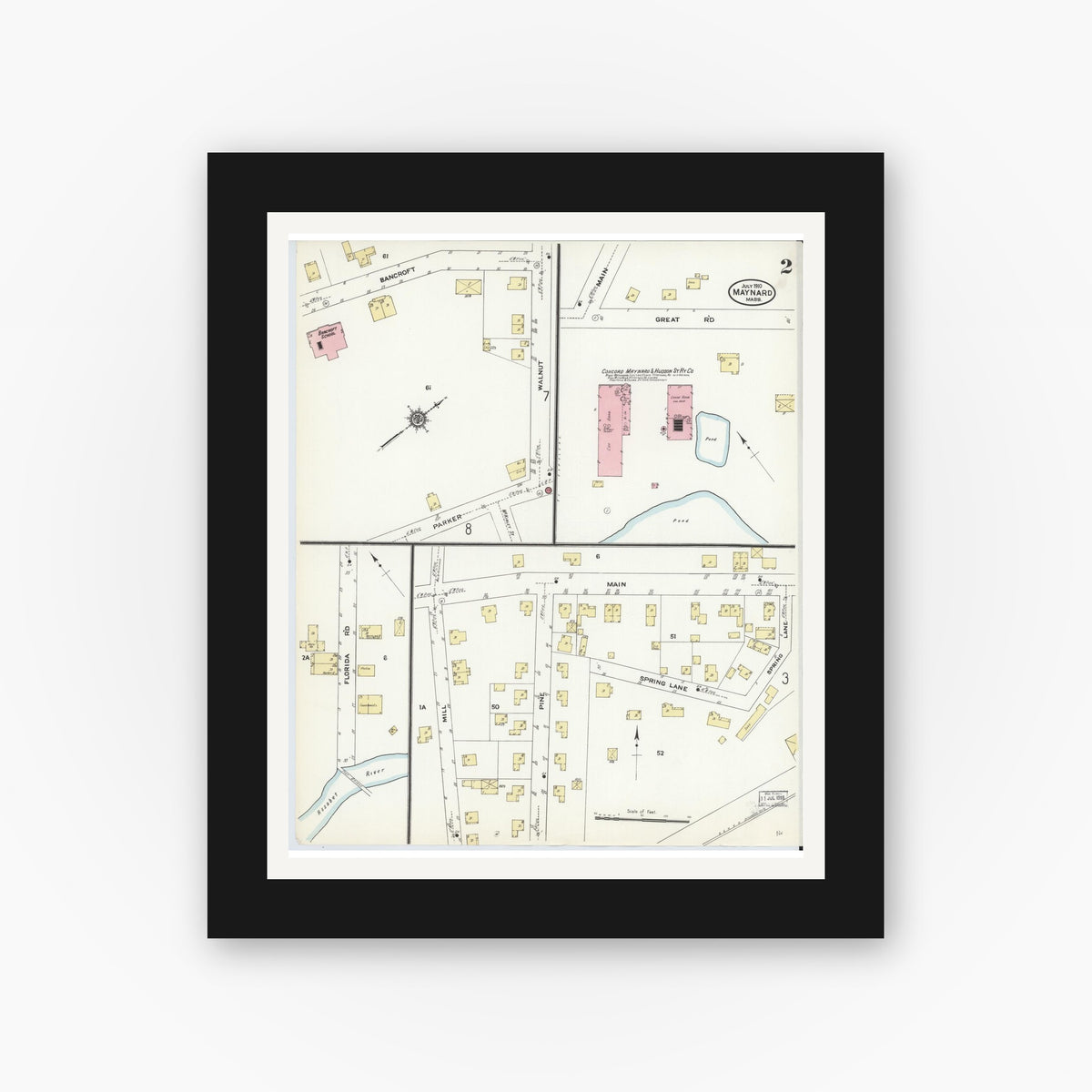 Old map wall art mockup — black gallery frame with white mat — Sanborn Fire Insurance Map from Maynard, Middlesex County, Massachusetts (1910), Sheet #0002