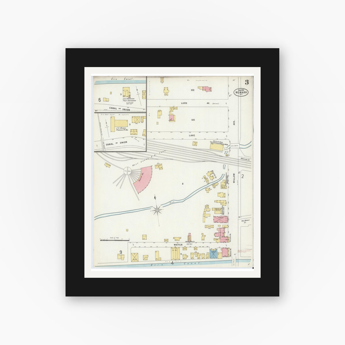 Old map wall art mockup — black gallery frame with white mat — Sanborn Fire Insurance Map from Newark, Wayne County, New York (1898), Sheet #0003