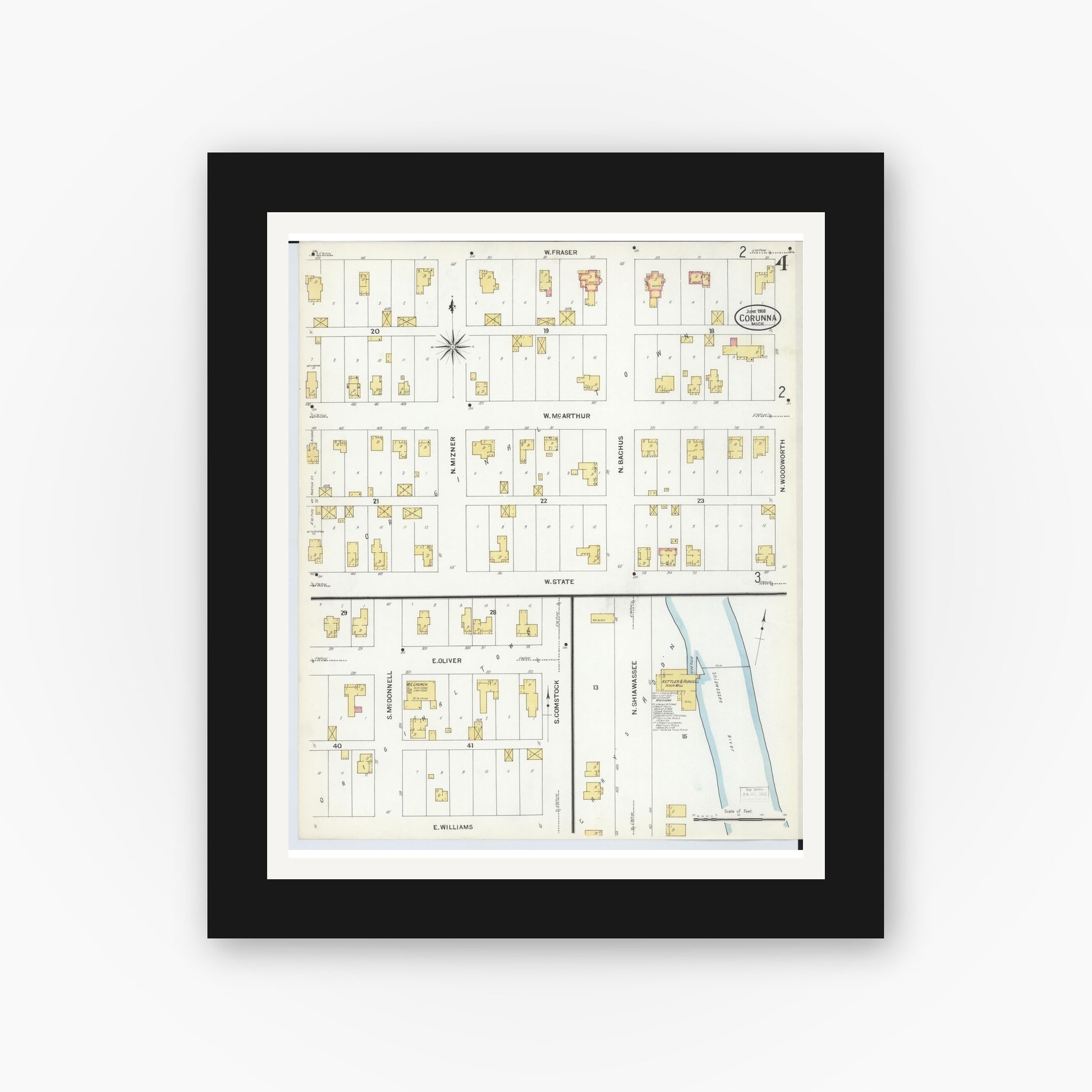 Old map wall art mockup — black gallery frame with white mat — Sanborn Fire Insurance Map from Corunna, Shiawassee County, Michigan (1908), Sheet #0004