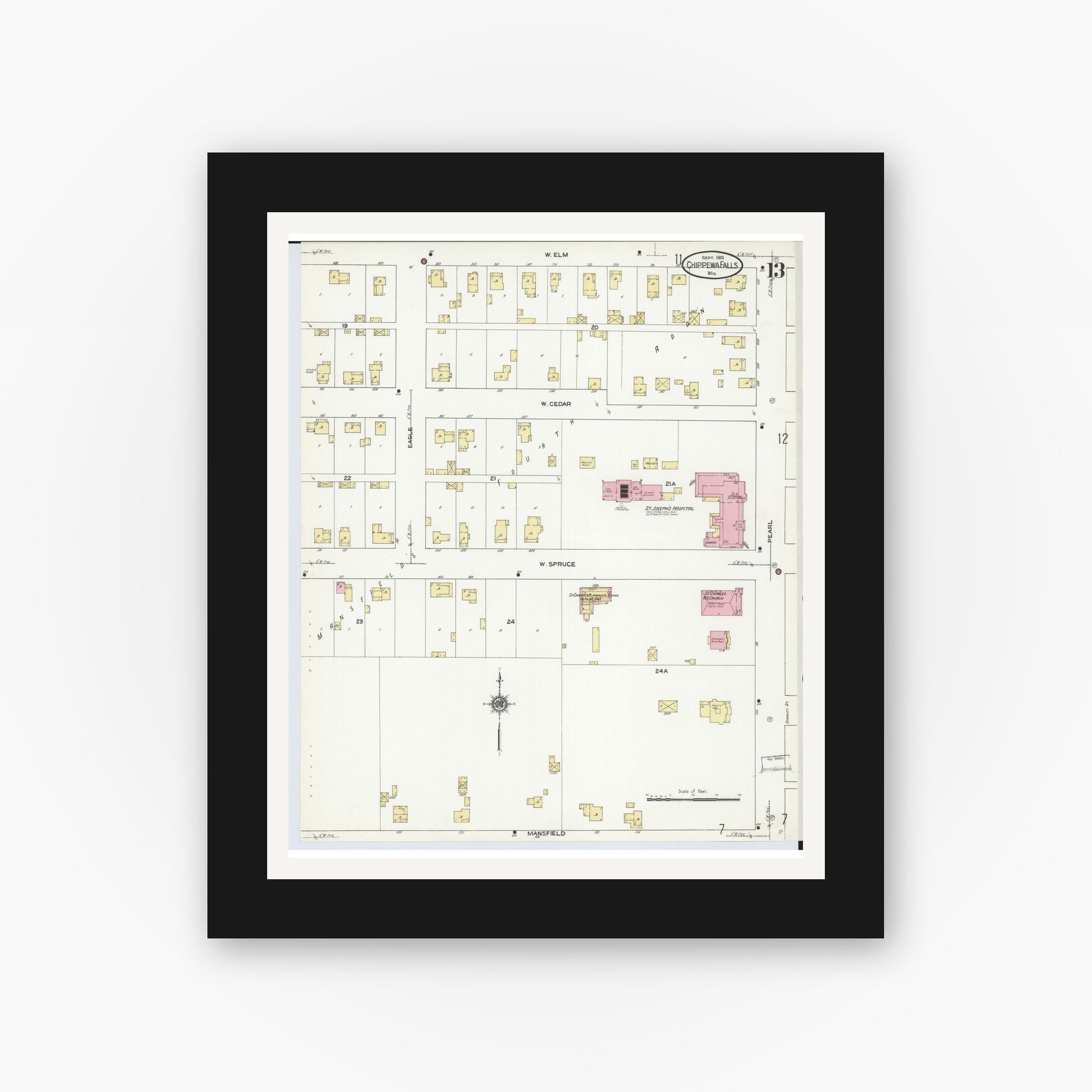 Old map wall art mockup — black gallery frame with white mat — Sanborn Fire Insurance Map from Chippewa Falls, Chippewa County, Wisconsin (1910), Sheet #0013