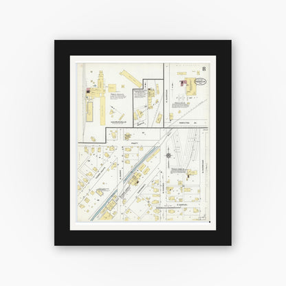 Old map wall art mockup — black gallery frame with white mat — Sanborn Fire Insurance Map from Franklin, Johnson County, Indiana (1910), Sheet #0008