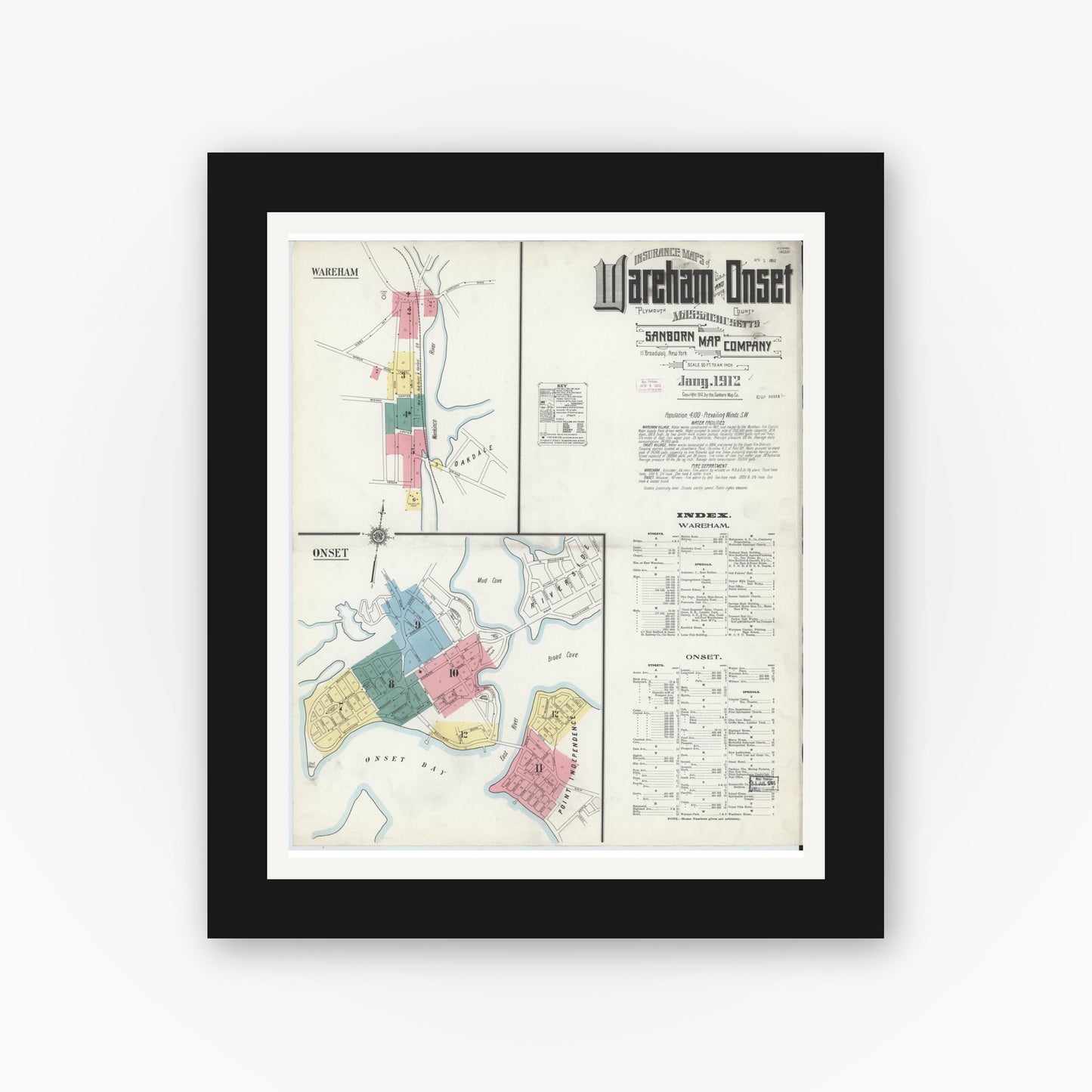 Old map wall art mockup — black gallery frame with white mat — Sanborn Fire Insurance Map from Wareham, Plymouth County, Massachusetts (1912), Sheet #0001