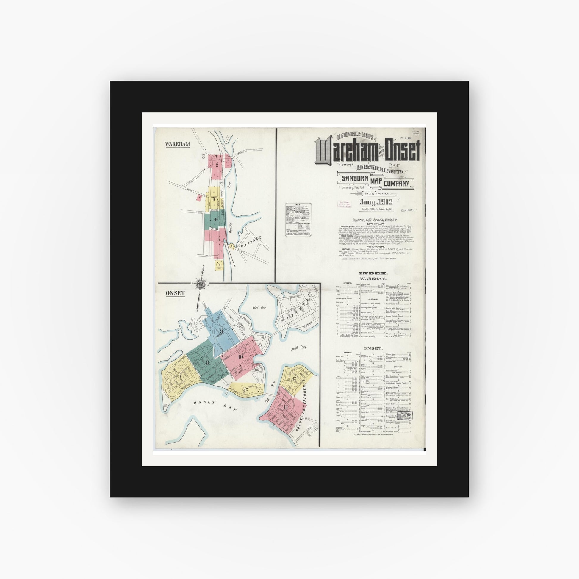 Old map wall art mockup — black gallery frame with white mat — Sanborn Fire Insurance Map from Wareham, Plymouth County, Massachusetts (1912), Sheet #0001