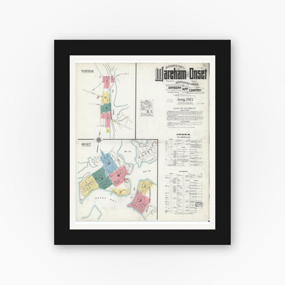 Old map wall art mockup — black gallery frame with white mat — Sanborn Fire Insurance Map from Wareham, Plymouth County, Massachusetts (1912), Sheet #0001