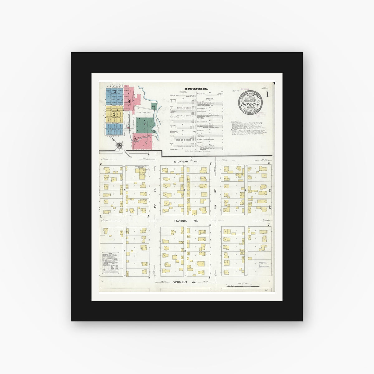 Old map wall art mockup — black gallery frame with white mat — Sanborn Fire Insurance Map from Hayward, Sawyer County, Wisconsin (1909) - Complete Map Set