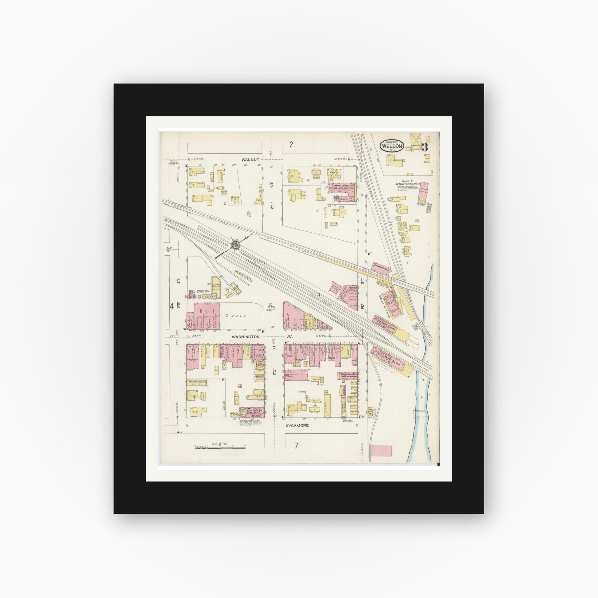 Old map wall art mockup — black gallery frame with white mat — Sanborn Fire Insurance Map from Weldon, Halifax County, North Carolina (1915), Sheet #0003
