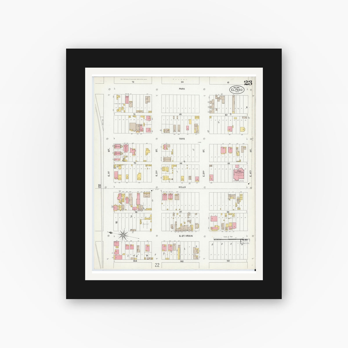 Old map wall art mockup — black gallery frame with white mat — Sanborn Fire Insurance Map from El Paso, El Paso County, Texas (1902), Sheet #0023