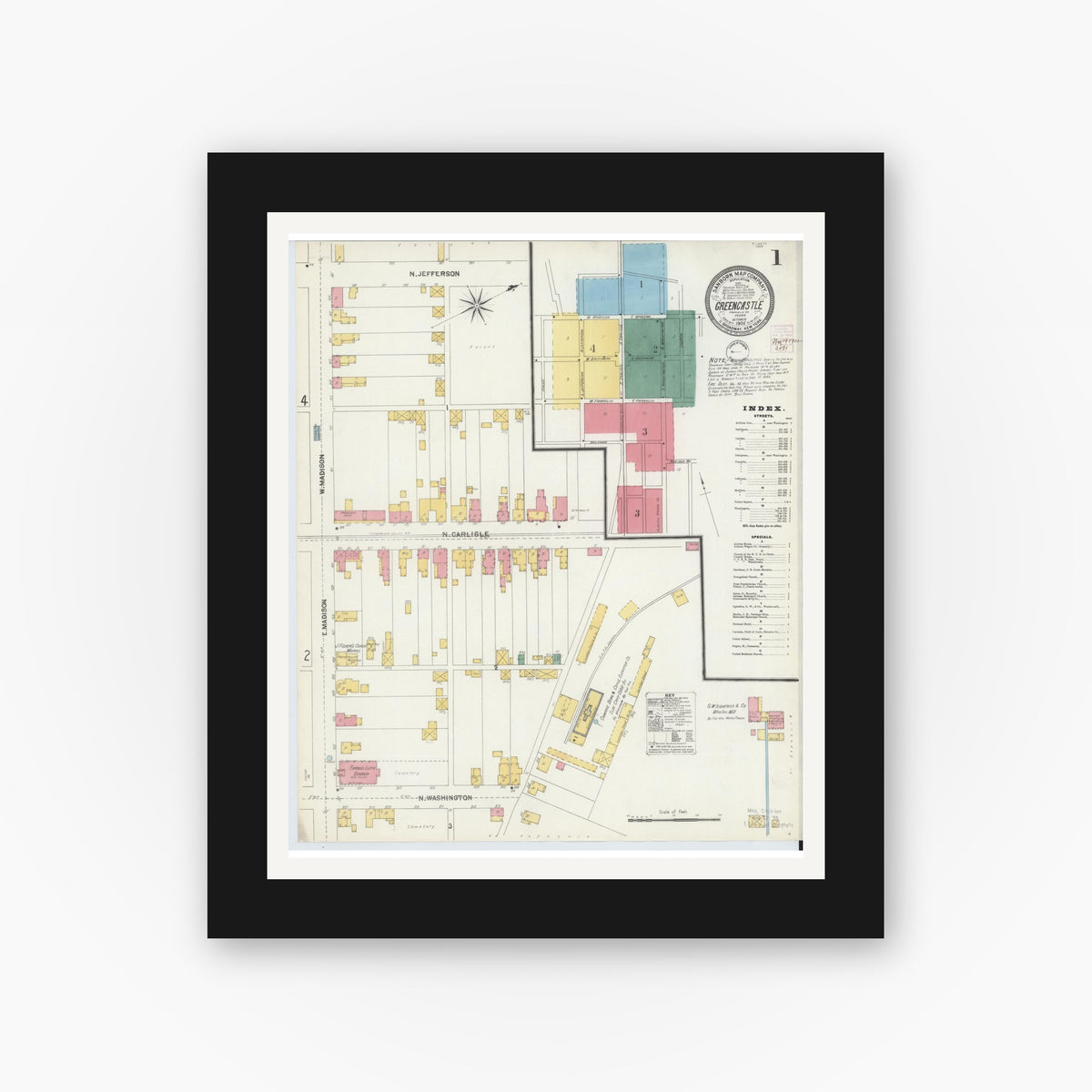 Old map wall art mockup — black gallery frame with white mat — Sanborn Fire Insurance Map from Greencastle, Franklin County, Pennsylvania (1902), Sheet #0001