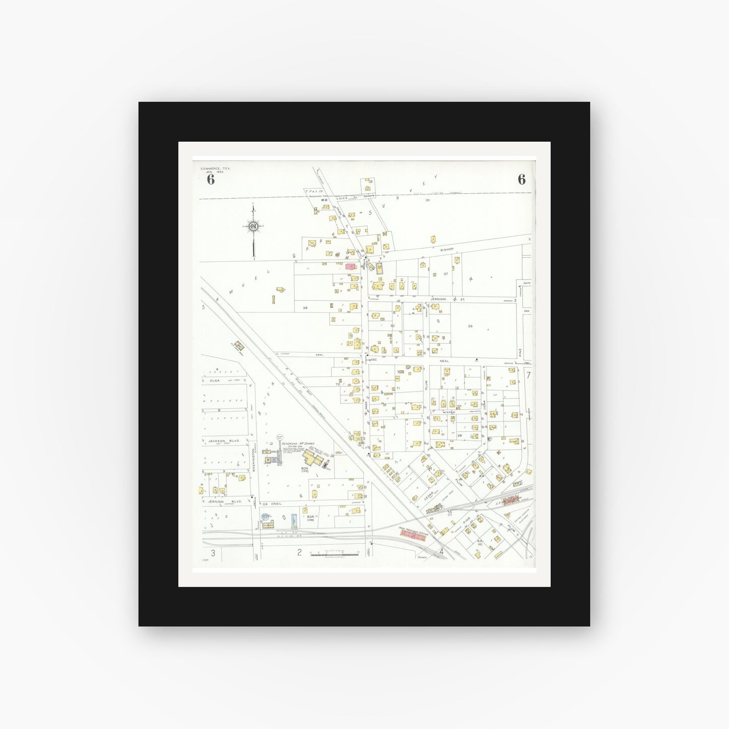 Old map wall art mockup — black gallery frame with white mat — Sanborn Fire Insurance Map from Commerce, Hunt County, Texas (1933), Sheet #0006