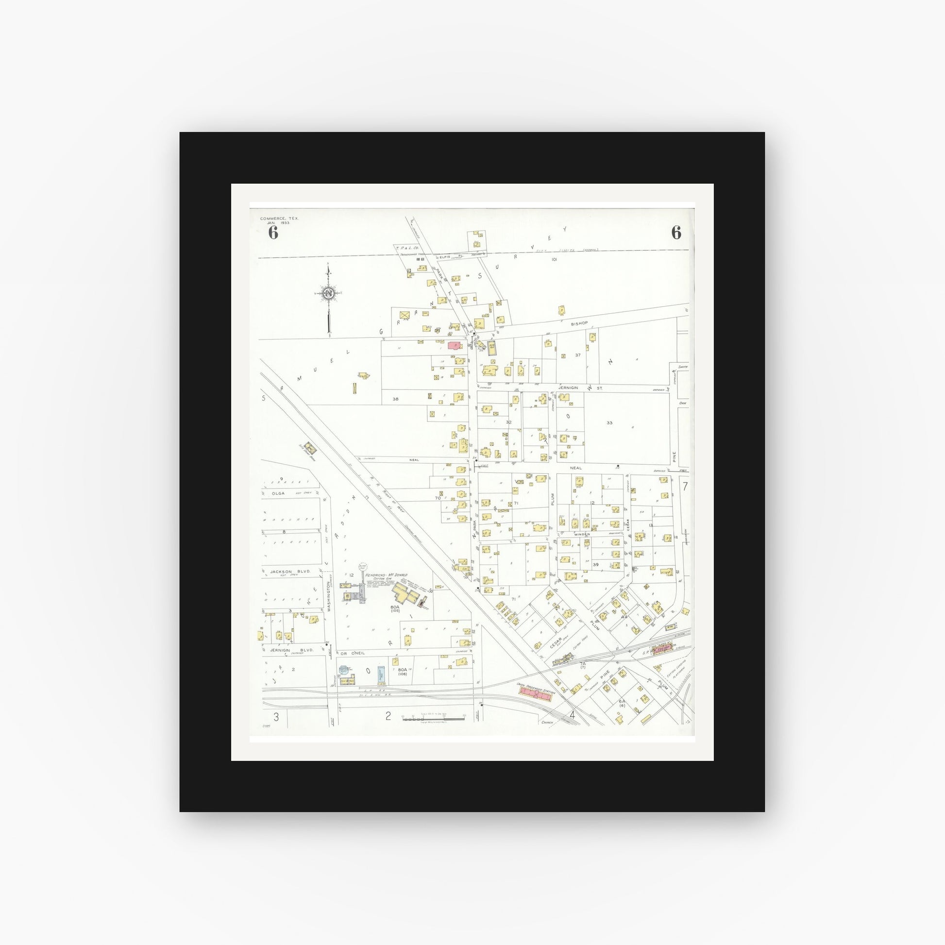 Old map wall art mockup — black gallery frame with white mat — Sanborn Fire Insurance Map from Commerce, Hunt County, Texas (1933), Sheet #0006