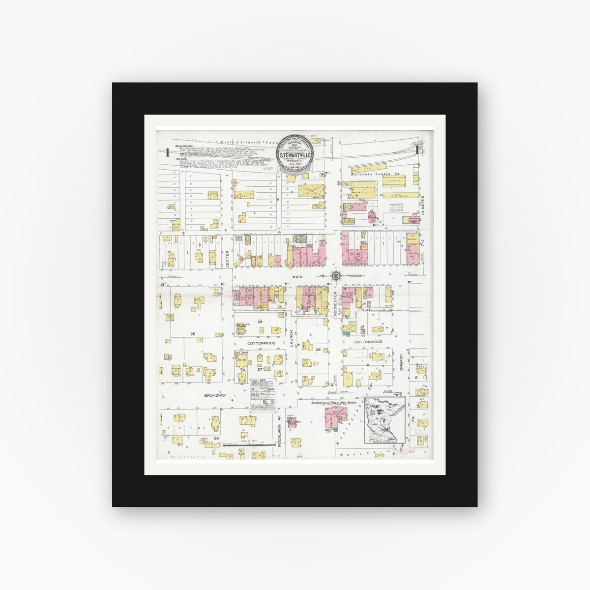 Old map wall art mockup — black gallery frame with white mat — Sanborn Fire Insurance Map from Stewartville, Olmsted County, Minnesota (1927), Sheet #0001