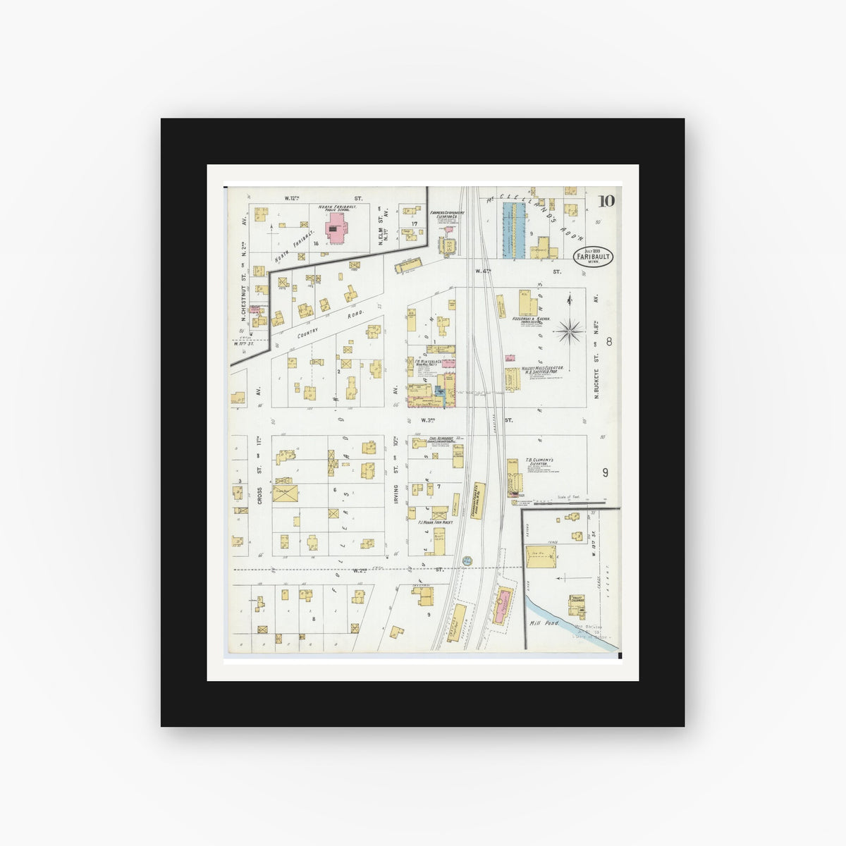Old map wall art mockup — black gallery frame with white mat — Sanborn Fire Insurance Map from Faribault, Rice County, Minnesota (1899), Sheet #0010