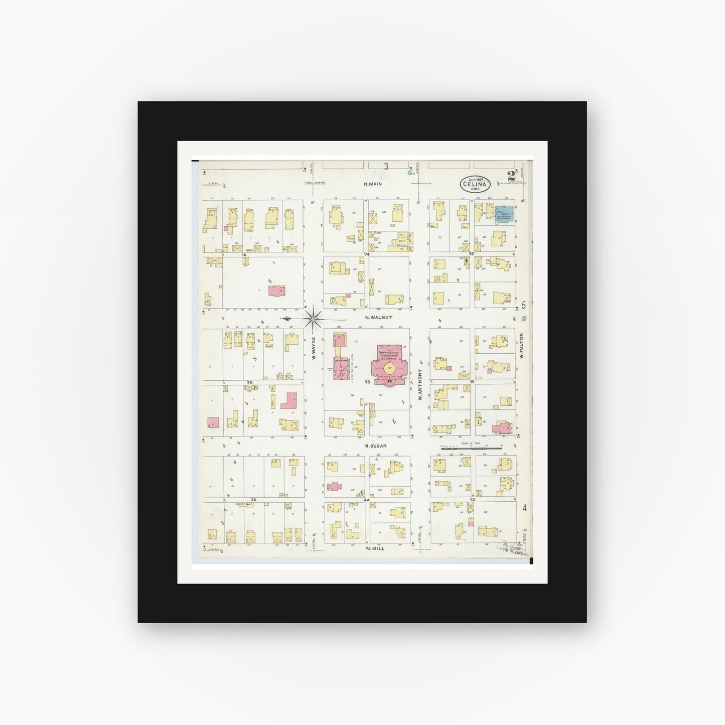 Old map wall art mockup — black gallery frame with white mat — Sanborn Fire Insurance Map from Celina, Mercer County, Ohio (1907), Sheet #0002