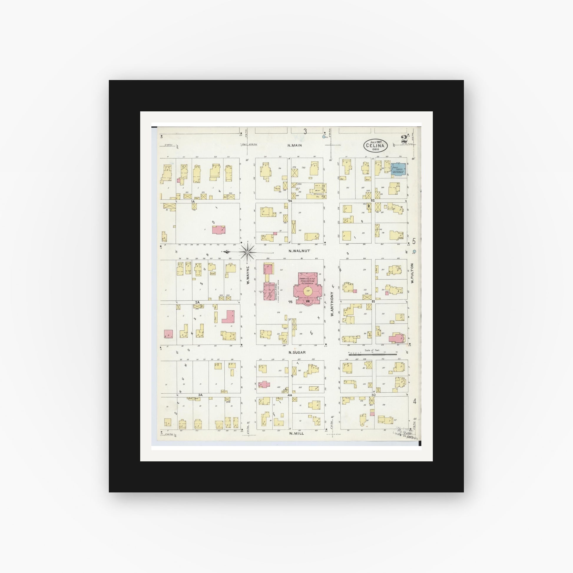 Old map wall art mockup — black gallery frame with white mat — Sanborn Fire Insurance Map from Celina, Mercer County, Ohio (1907), Sheet #0002