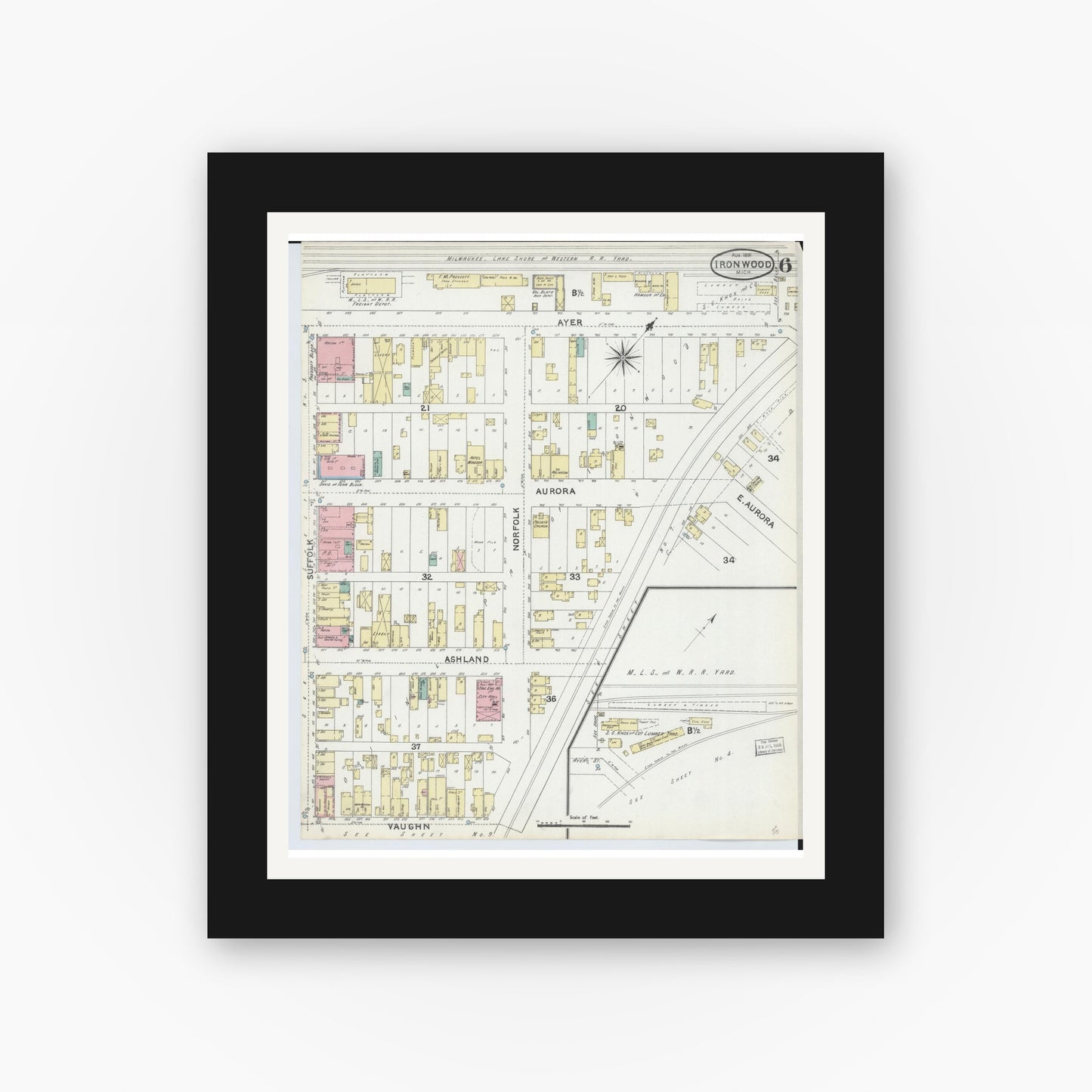 Old map wall art mockup — black gallery frame with white mat — Sanborn Fire Insurance Map from Ironwood, Gogebic County, Michigan (1891), Sheet #0006