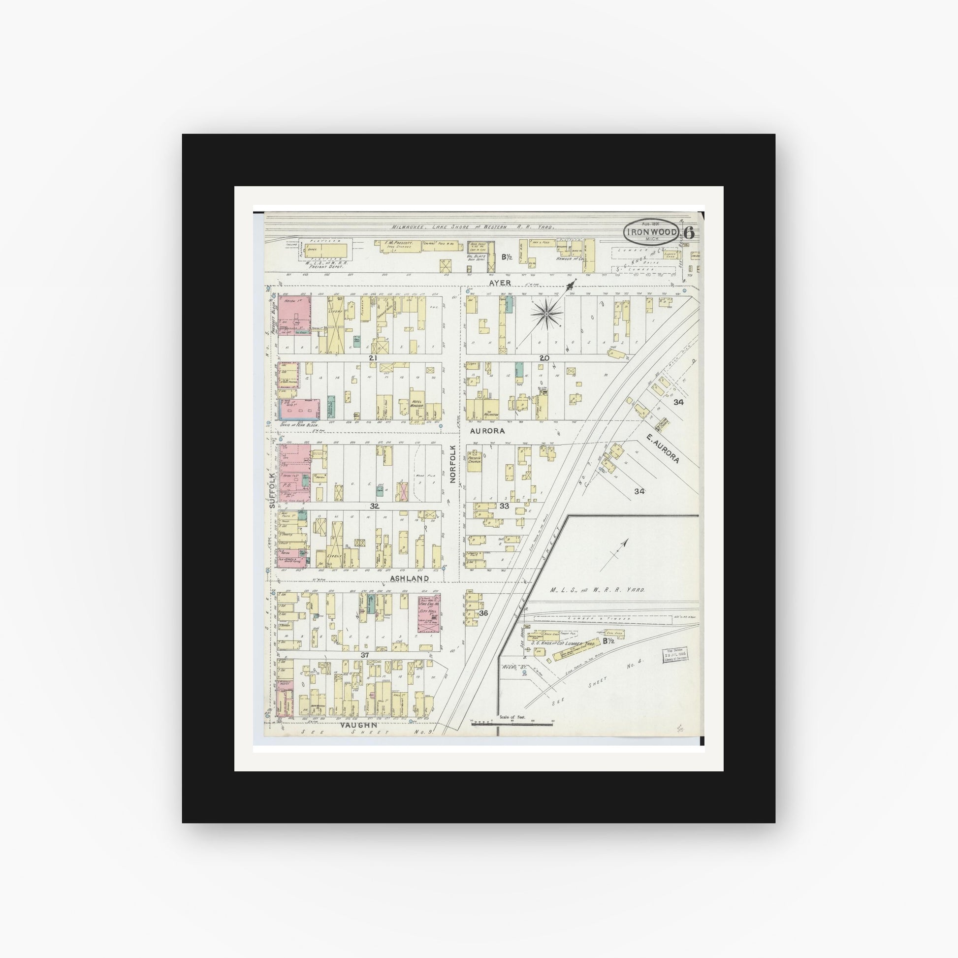 Old map wall art mockup — black gallery frame with white mat — Sanborn Fire Insurance Map from Ironwood, Gogebic County, Michigan (1891), Sheet #0006