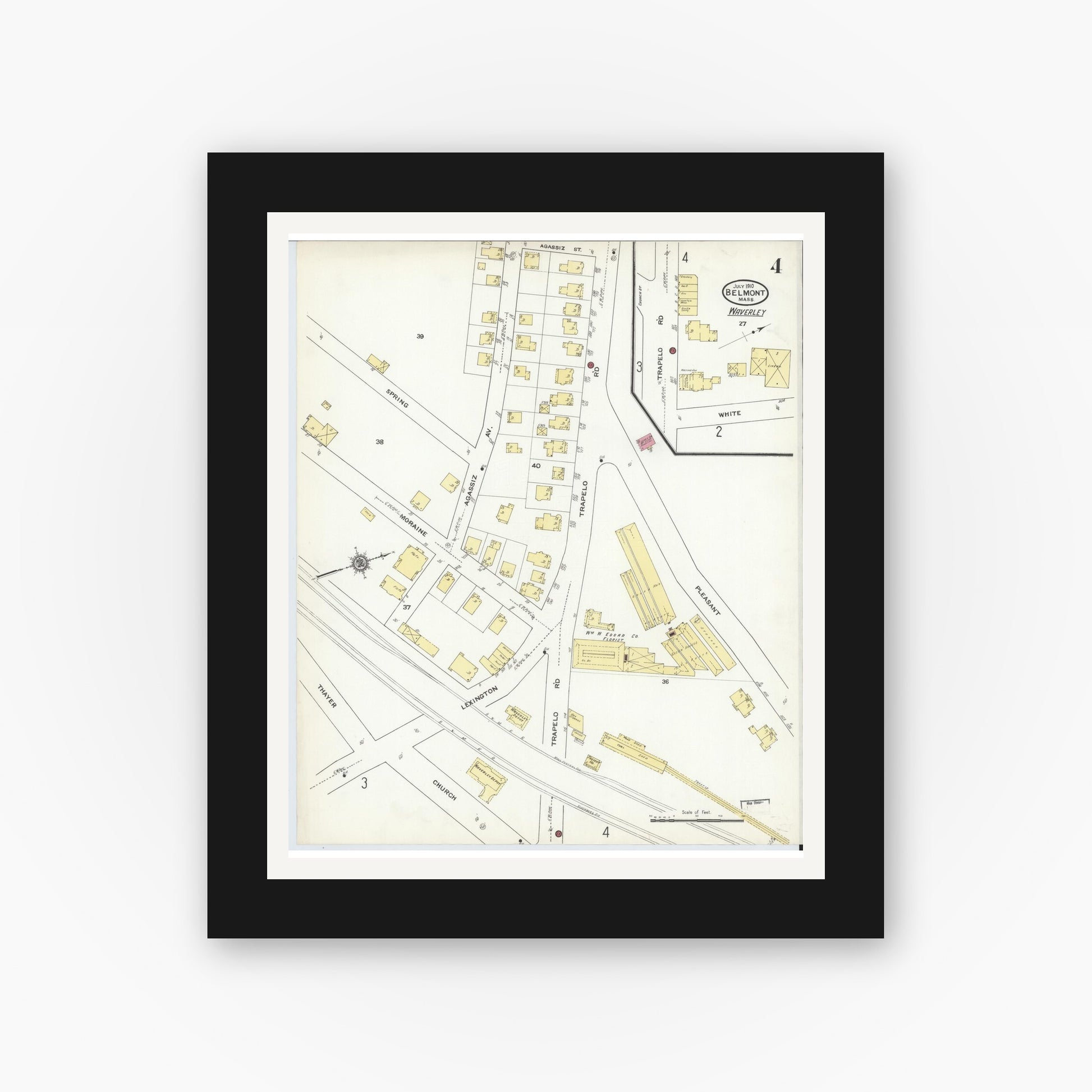 Old map wall art mockup — black gallery frame with white mat — Sanborn Fire Insurance Map from Belmont, Middlesex County, Massachusetts (1910), Sheet #0004