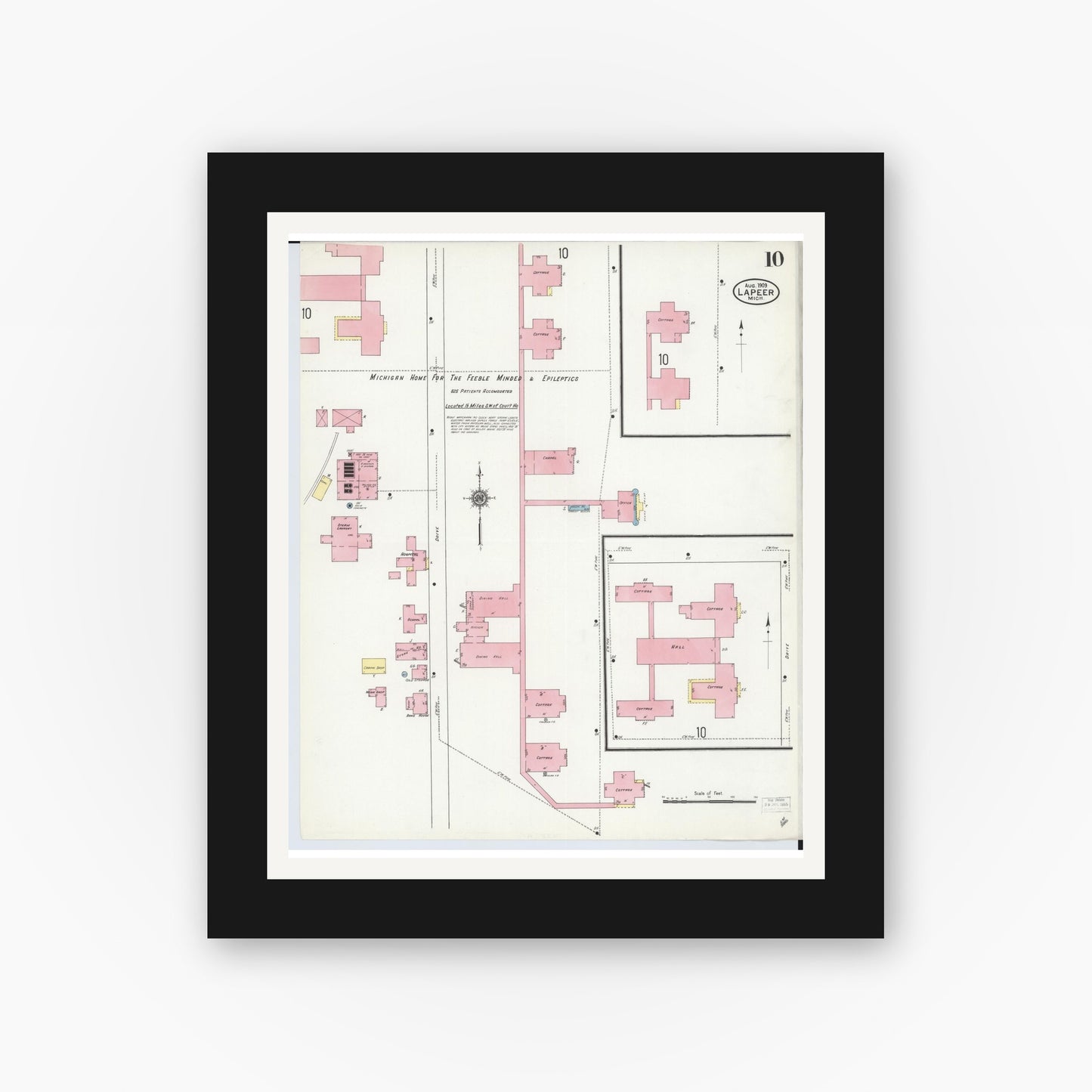 Old map wall art mockup — black gallery frame with white mat — Sanborn Fire Insurance Map from Lapeer, Lapeer County, Michigan (1909), Sheet #0010