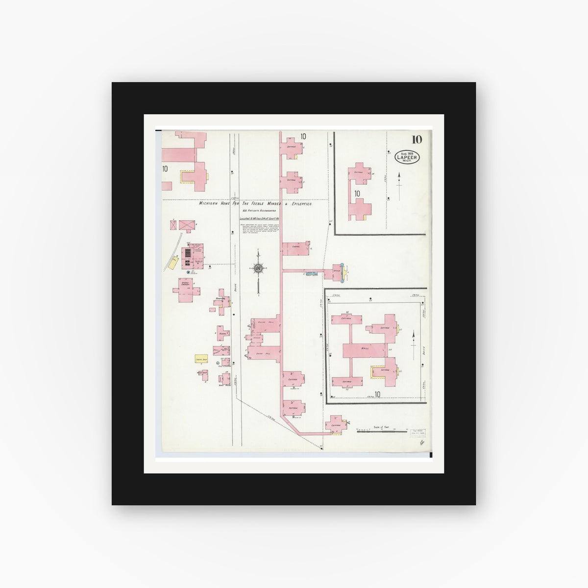 Old map wall art mockup — black gallery frame with white mat — Sanborn Fire Insurance Map from Lapeer, Lapeer County, Michigan (1909), Sheet #0010