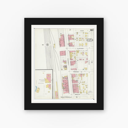 Old map wall art mockup — black gallery frame with white mat — Sanborn Fire Insurance Map from Springfield, Greene County, Missouri (1896), Sheet #0020