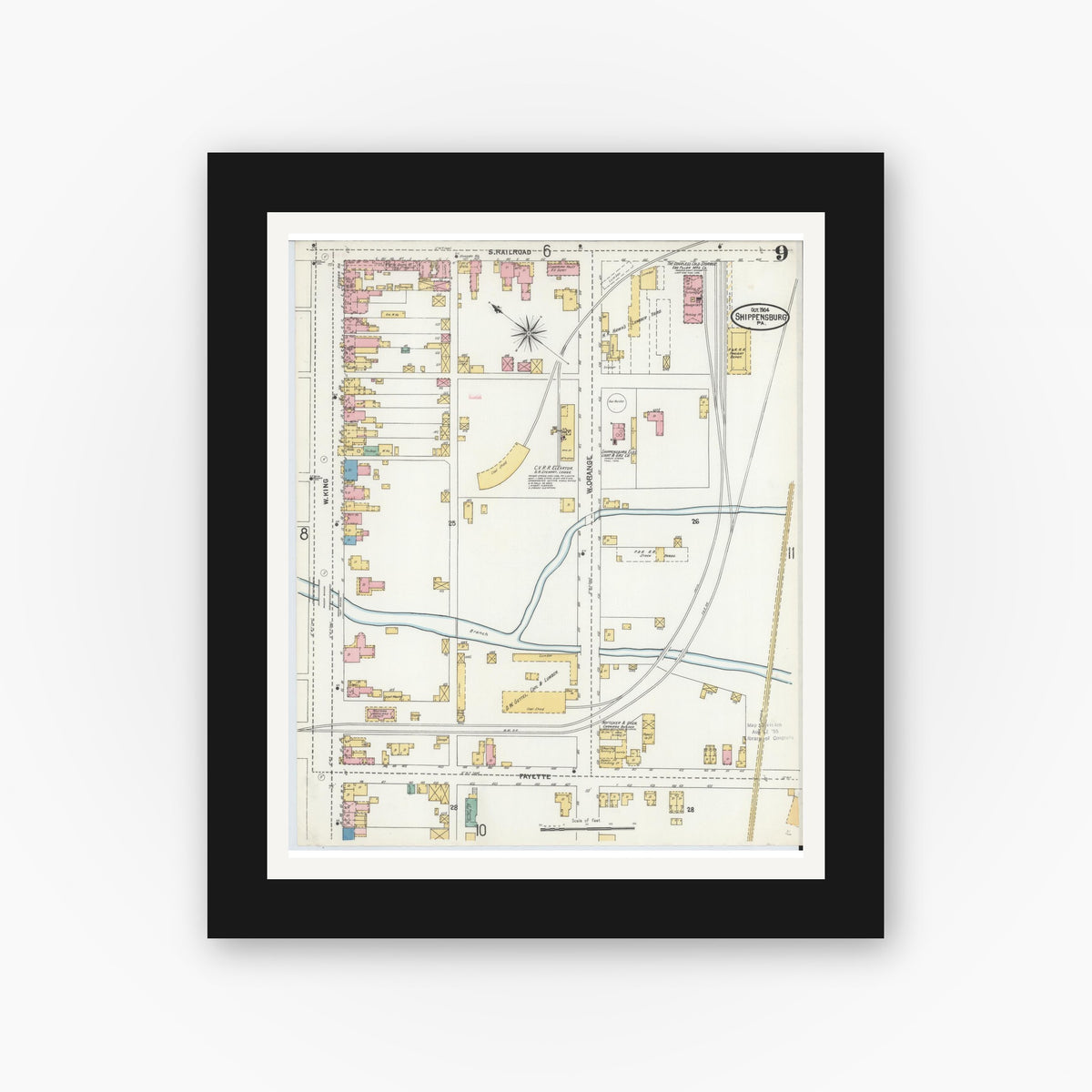 Old map wall art mockup — black gallery frame with white mat — Sanborn Fire Insurance Map from Shippensburg, Cumberland And Franklin Counties, Pennsylvania (1904), Sheet #0009