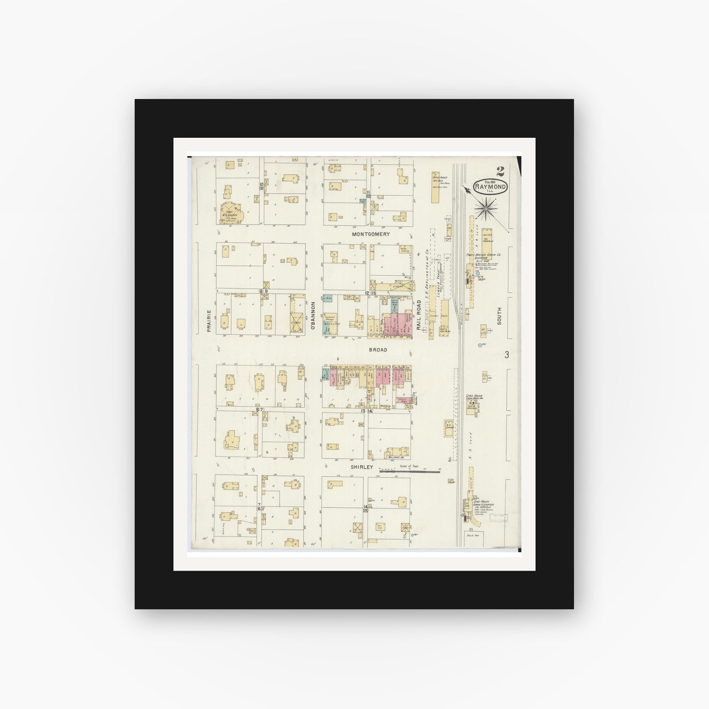 Old map wall art mockup — black gallery frame with white mat — Sanborn Fire Insurance Map from Raymond, Montgomery County, Illinois (1901), Sheet #0002