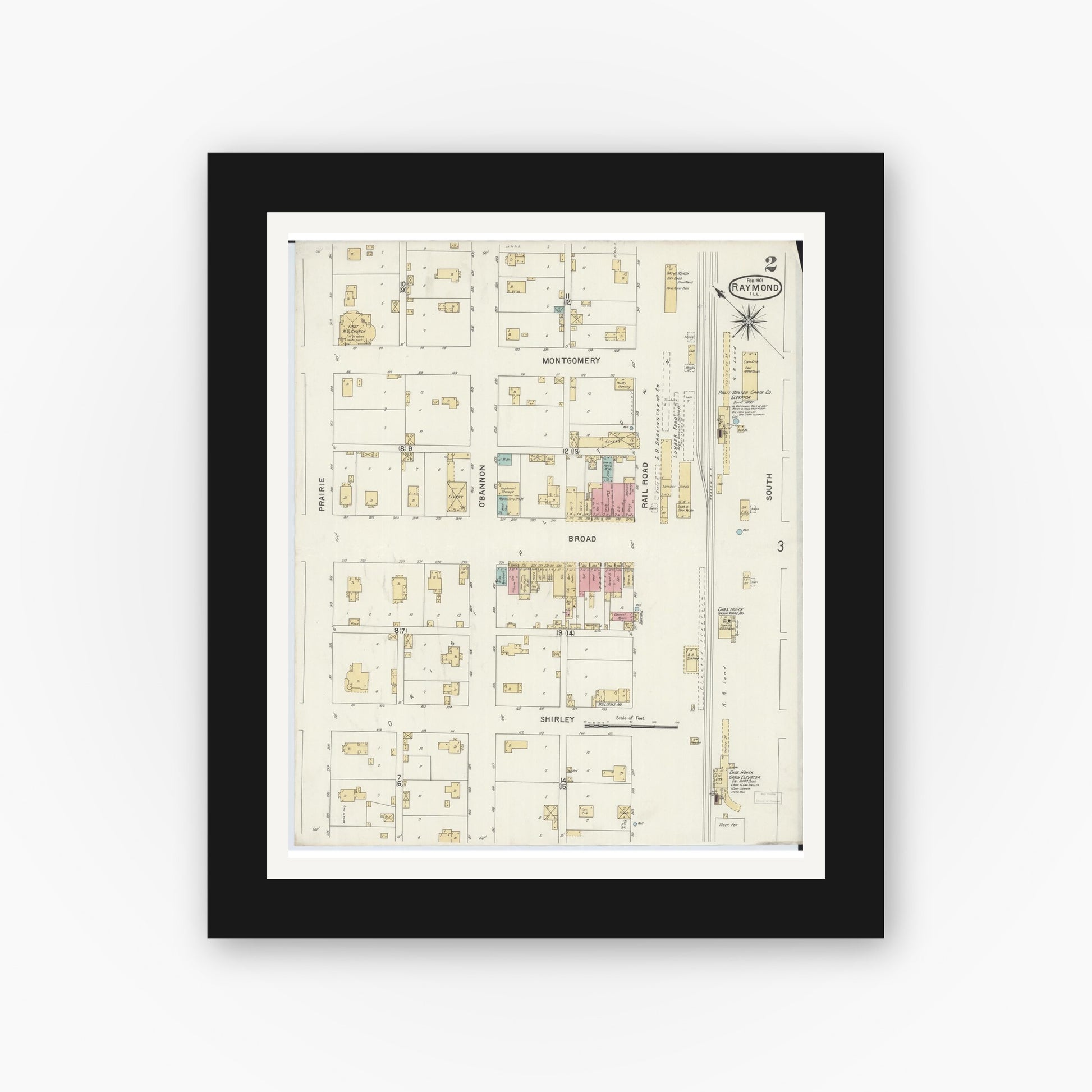 Old map wall art mockup — black gallery frame with white mat — Sanborn Fire Insurance Map from Raymond, Montgomery County, Illinois (1901), Sheet #0002