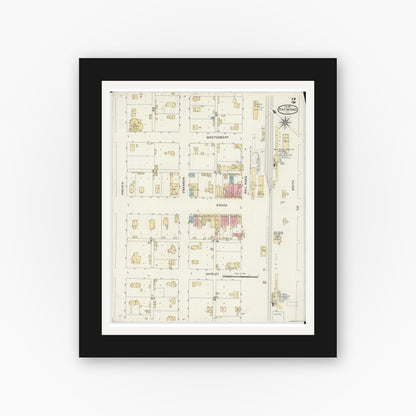 Old map wall art mockup — black gallery frame with white mat — Sanborn Fire Insurance Map from Raymond, Montgomery County, Illinois (1901), Sheet #0002