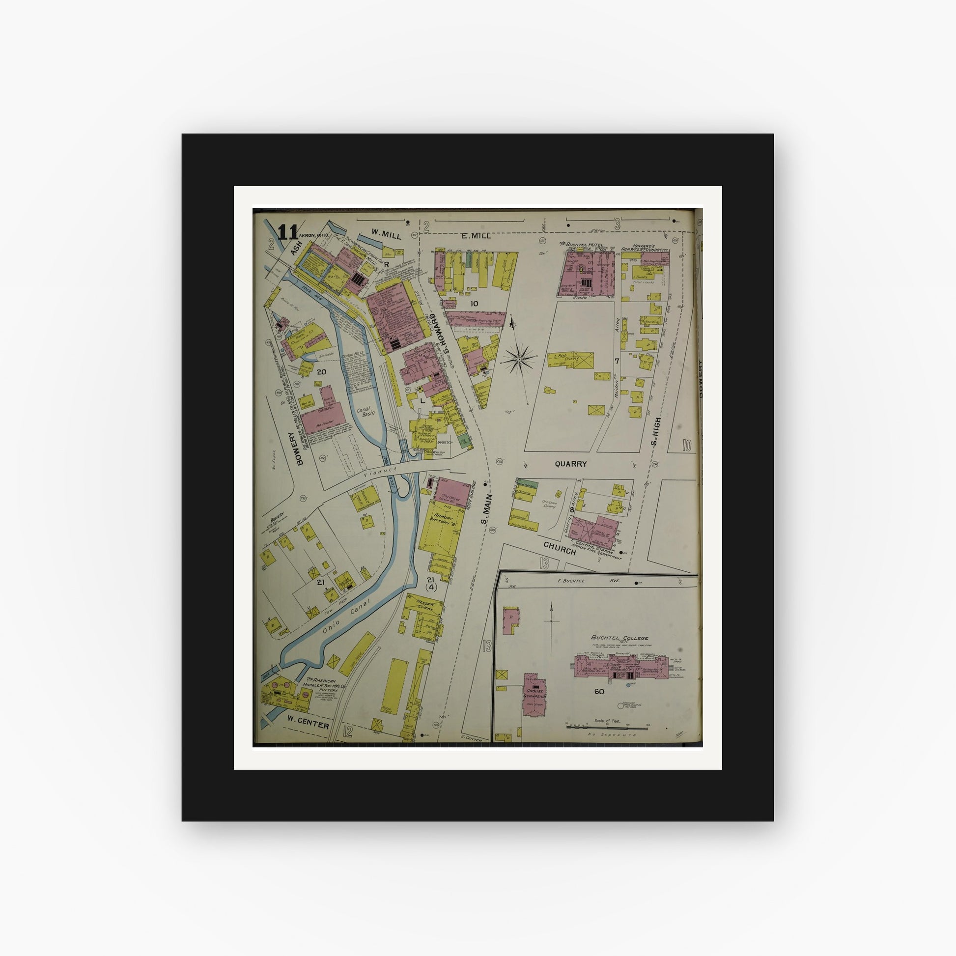Old map wall art mockup — black gallery frame with white mat — Sanborn Fire Insurance Map from Akron, Summit County, Ohio (1892), Sheet #0011