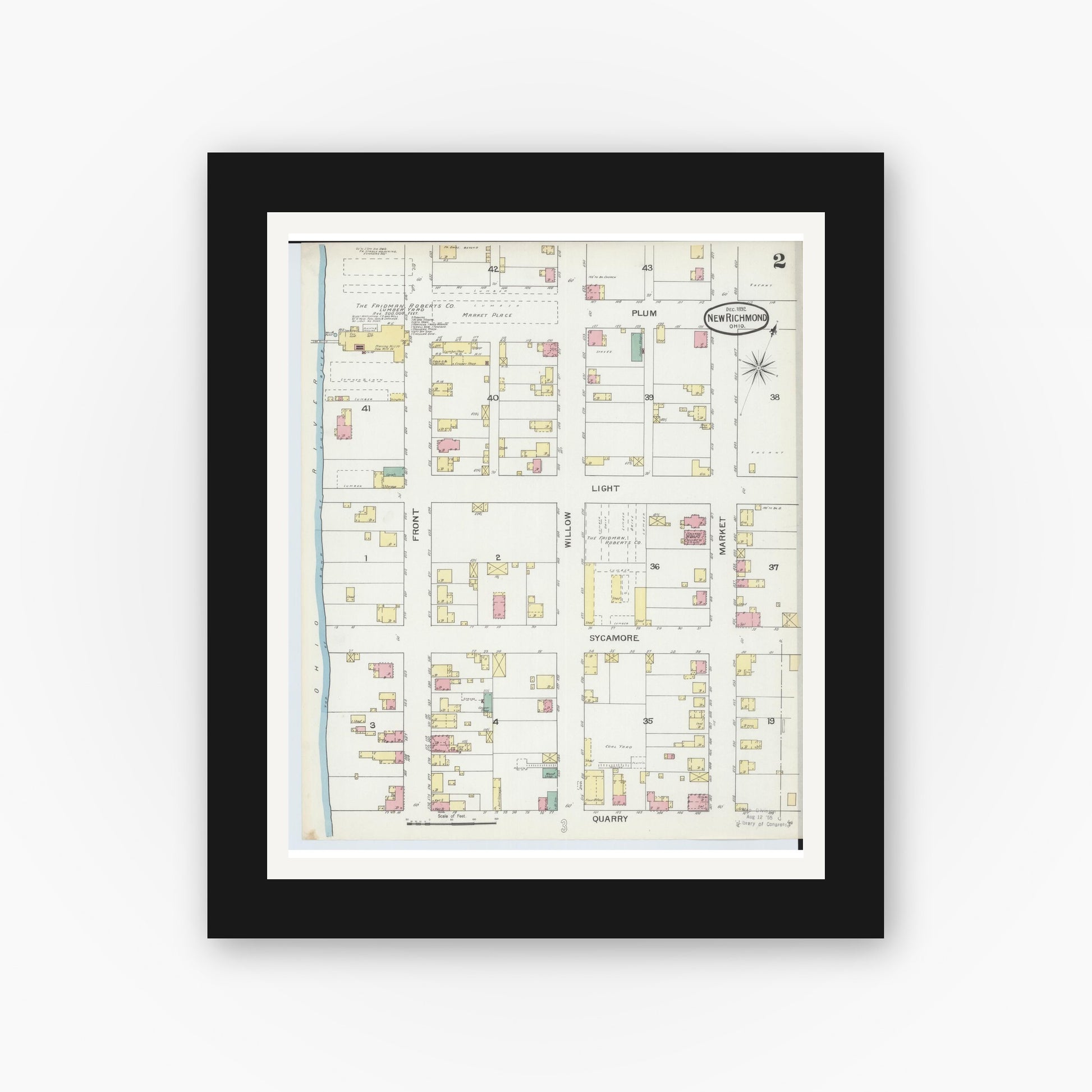 Old map wall art mockup — black gallery frame with white mat — Sanborn Fire Insurance Map from New Richmond, Clermont County, Ohio (1892), Sheet #0002