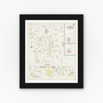 Old map wall art mockup — black gallery frame with white mat — Sanborn Fire Insurance Map from Gainesville, Cooke County, Texas (1892), Sheet #0004