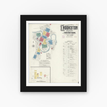 Old map wall art mockup — black gallery frame with white mat — Sanborn Fire Insurance Map from Crookston, Polk County, Minnesota (1906), Sheet #0001