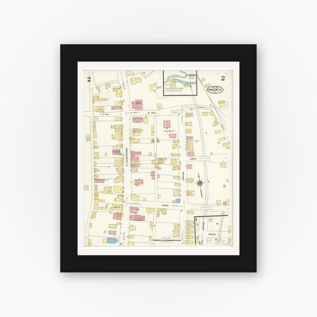 Old map wall art mockup — black gallery frame with white mat — Sanborn Fire Insurance Map from Pine Grove, Schuylkill County, Pennsylvania (1923), Sheet #0002