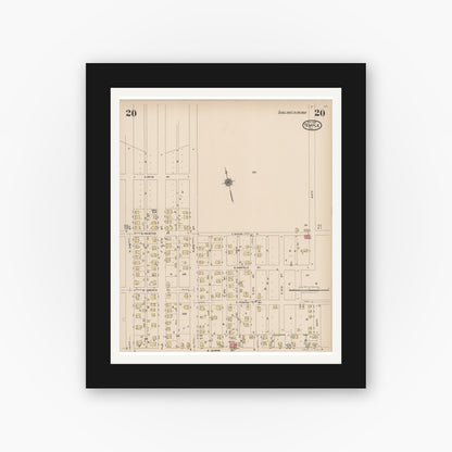 Old map wall art mockup — black gallery frame with white mat — Sanborn Fire Insurance Map from Temple, Bell County, Texas (1922), Sheet #0020