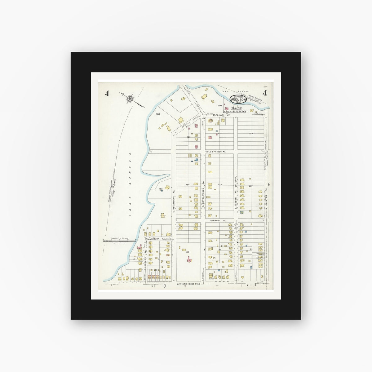 Old map wall art mockup — black gallery frame with white mat — Sanborn Fire Insurance Map from Audubon, Camden County, New Jersey (1924), Sheet #0004