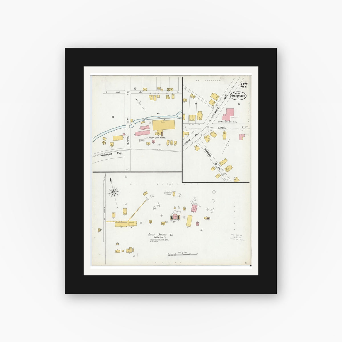 Old map wall art mockup — black gallery frame with white mat — Sanborn Fire Insurance Map from Washington, Washington County, Pennsylvania (1900), Sheet #0027