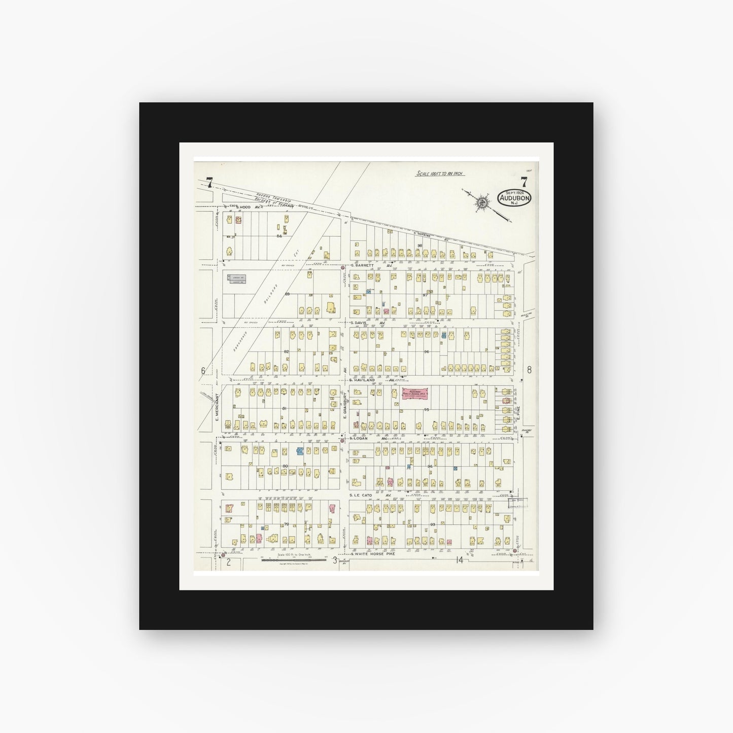 Old map wall art mockup — black gallery frame with white mat — Sanborn Fire Insurance Map from Audubon, Camden County, New Jersey (1924), Sheet #0007