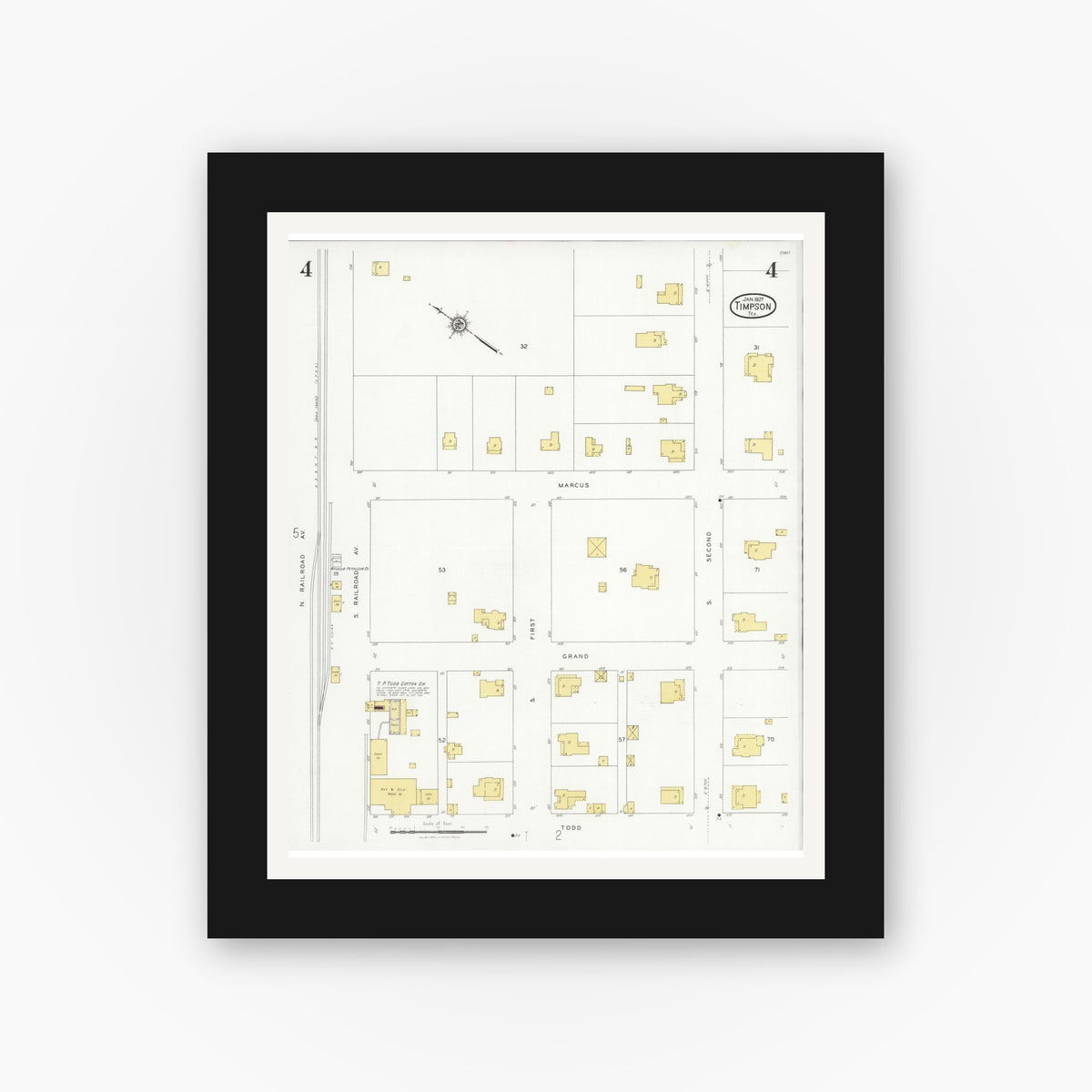 Old map wall art mockup — black gallery frame with white mat — Sanborn Fire Insurance Map from Timpson, Shelby County, Texas (1927), Sheet #0004