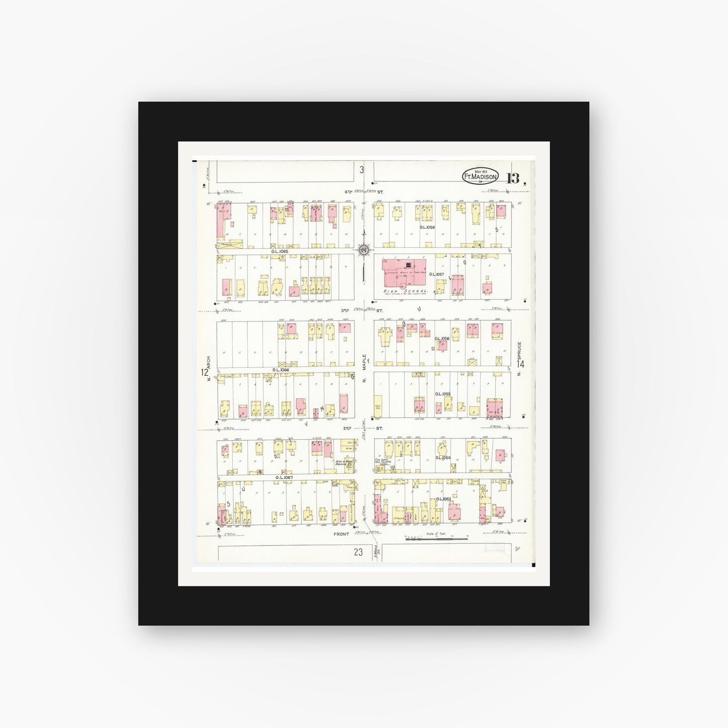 Old map wall art mockup — black gallery frame with white mat — Sanborn Fire Insurance Map from Fort Madison, Lee County, Iowa (1913), Sheet #0013