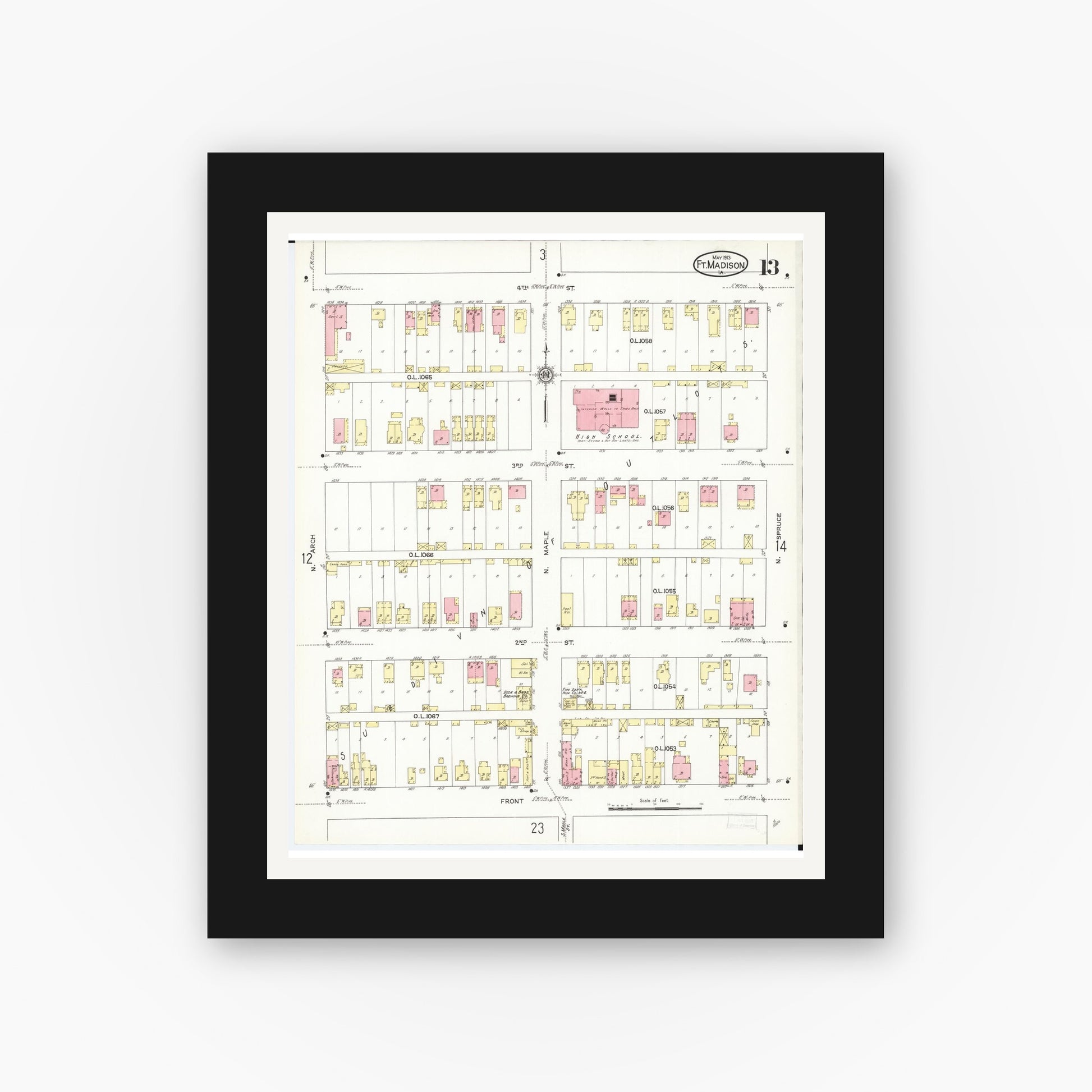 Old map wall art mockup — black gallery frame with white mat — Sanborn Fire Insurance Map from Fort Madison, Lee County, Iowa (1913), Sheet #0013