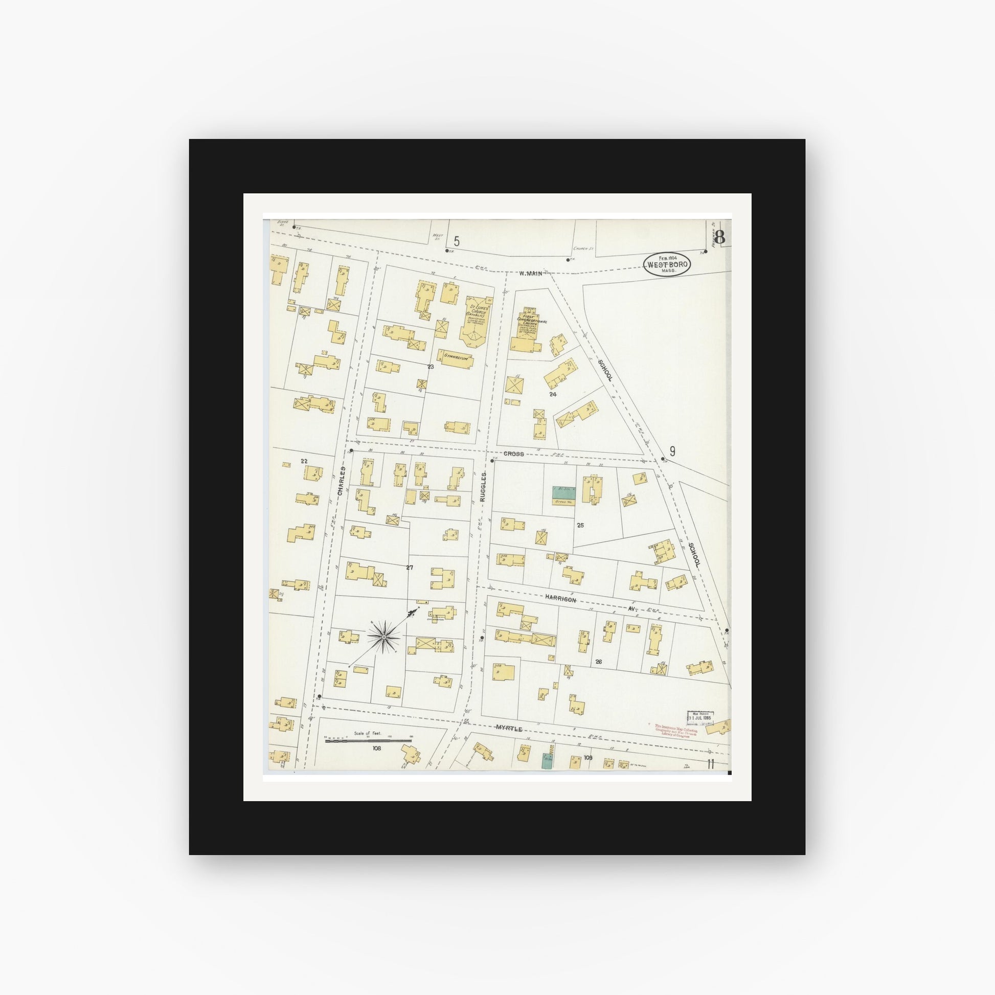 Old map wall art mockup — black gallery frame with white mat — Sanborn Fire Insurance Map from Westboro, Worcester County, Massachusetts (1904), Sheet #0008