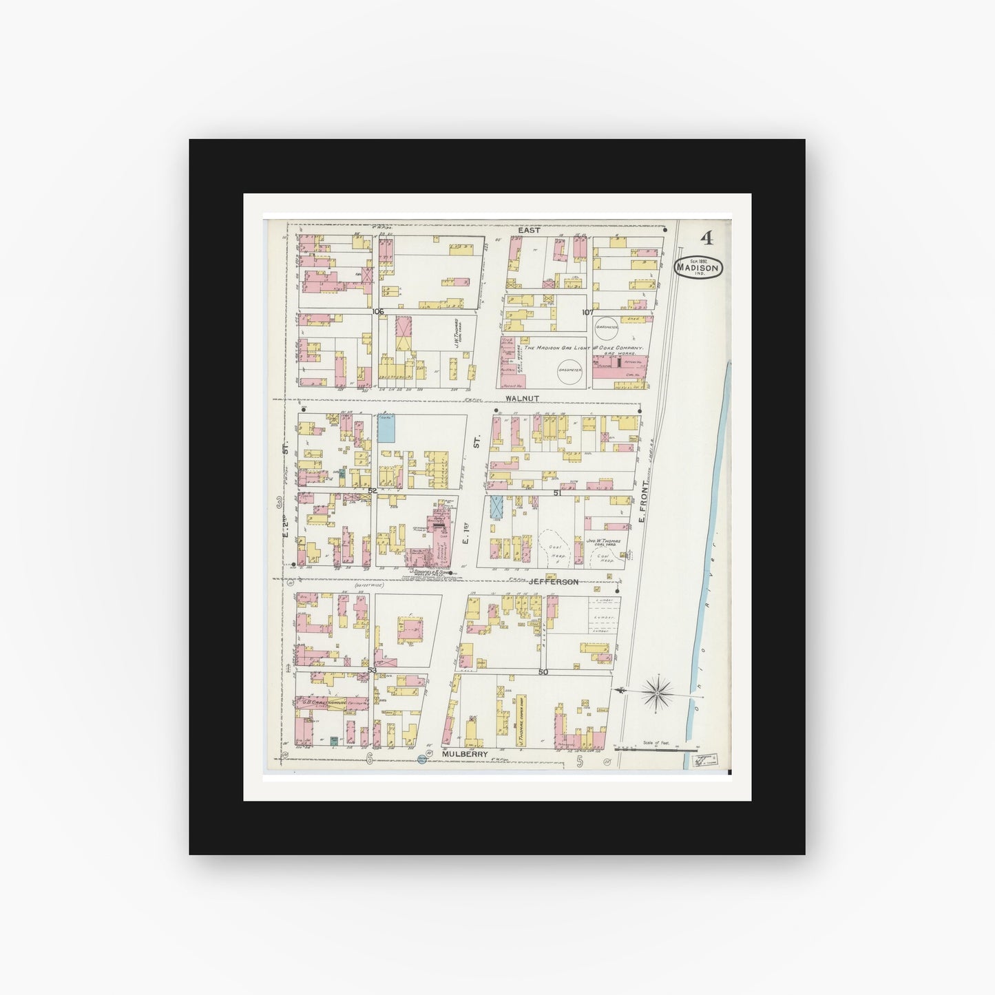 Old map wall art mockup — black gallery frame with white mat — Sanborn Fire Insurance Map from Madison, Jefferson County, Indiana (1892), Sheet #0004