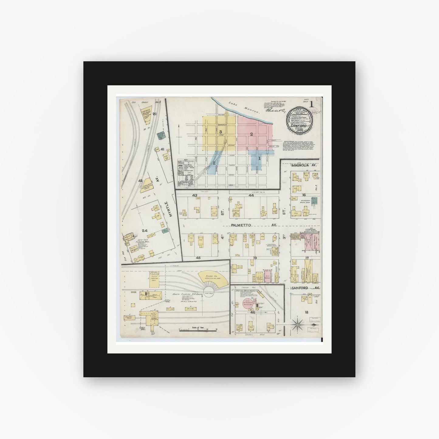 Old map wall art mockup — black gallery frame with white mat — Sanborn Fire Insurance Map from Sanford, Seminole County, Florida (1890), Sheet #0001