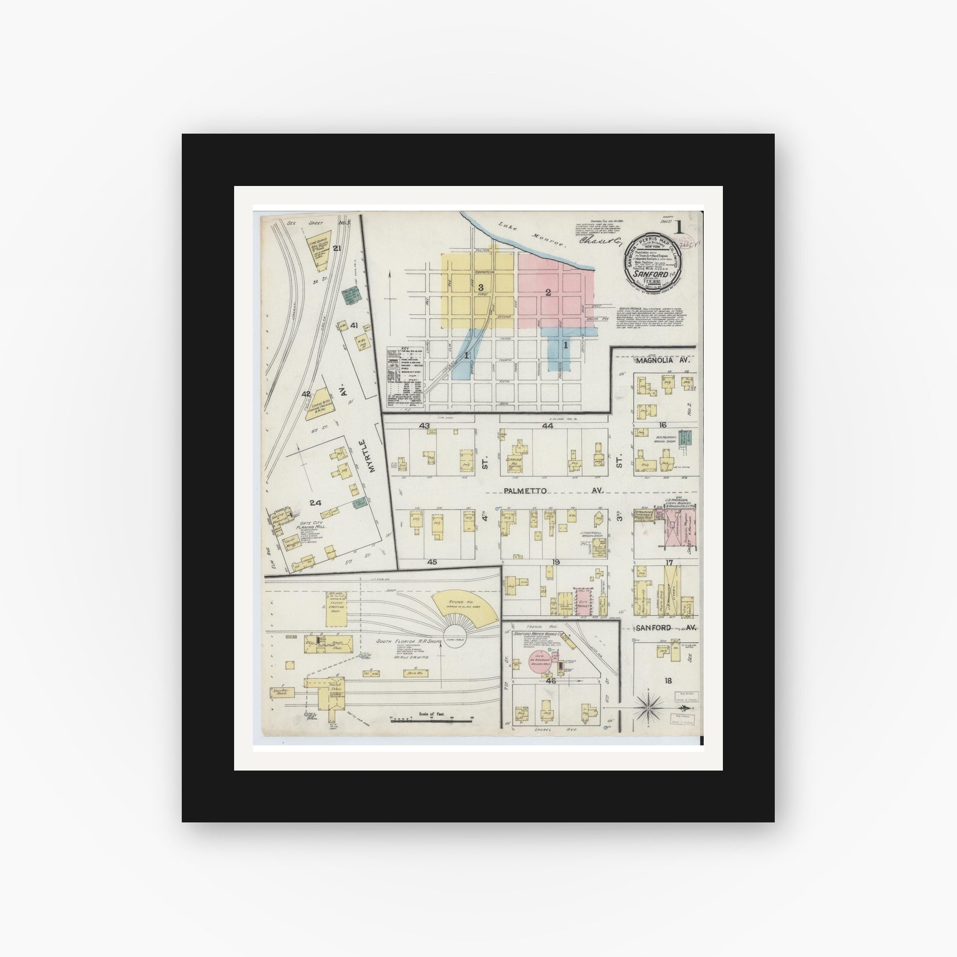 Old map wall art mockup — black gallery frame with white mat — Sanborn Fire Insurance Map from Sanford, Seminole County, Florida (1890), Sheet #0001