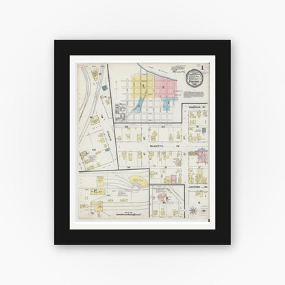 Old map wall art mockup — black gallery frame with white mat — Sanborn Fire Insurance Map from Sanford, Seminole County, Florida (1890), Sheet #0001