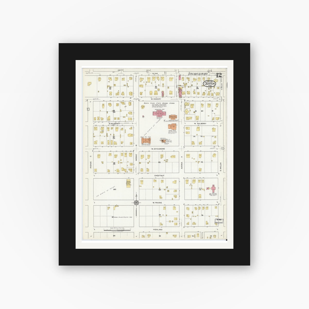 Old map wall art mockup — black gallery frame with white mat — Sanborn Fire Insurance Map from Denton, Denton County, Texas (1917), Sheet #0012
