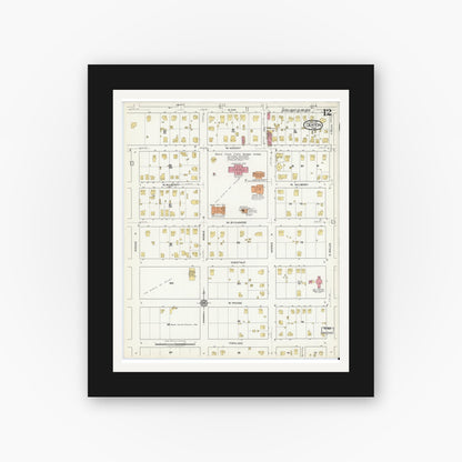 Old map wall art mockup — black gallery frame with white mat — Sanborn Fire Insurance Map from Denton, Denton County, Texas (1917), Sheet #0012