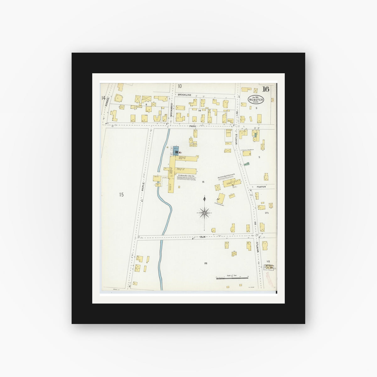 Old map wall art mockup — black gallery frame with white mat — Sanborn Fire Insurance Map from Webster, Worcester County, Massachusetts (1904), Sheet #0016