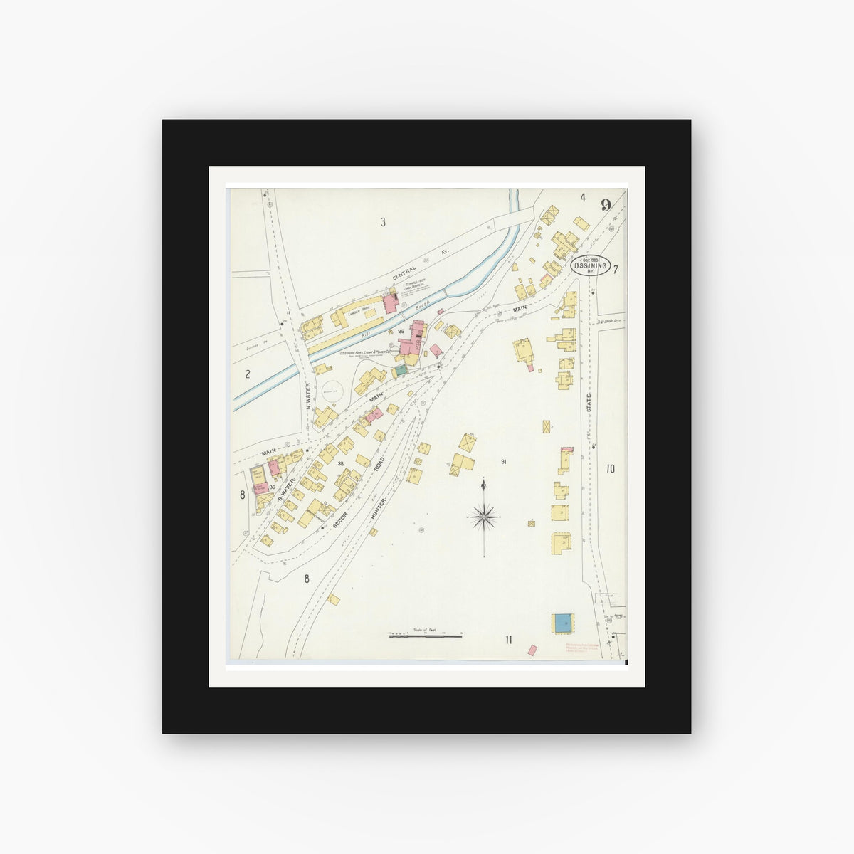 Old map wall art mockup — black gallery frame with white mat — Sanborn Fire Insurance Map from Ossining, Westchester County, New York (1903), Sheet #0009